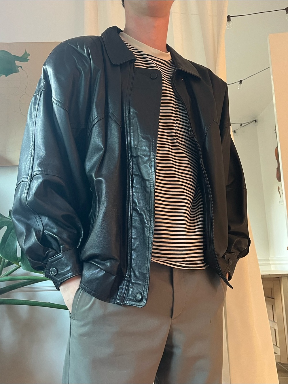 Men's Black Faux Leather Bomber Jacket